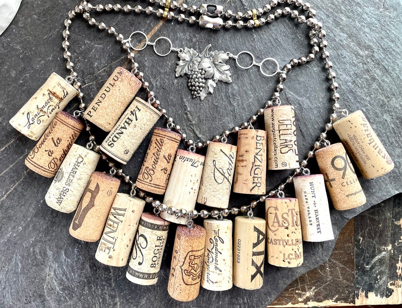 Fabulous Wine lovers cork statement necklace grape vine pin brooch decanter tag assemblage connoisseur cocktail party wine tasting image 5