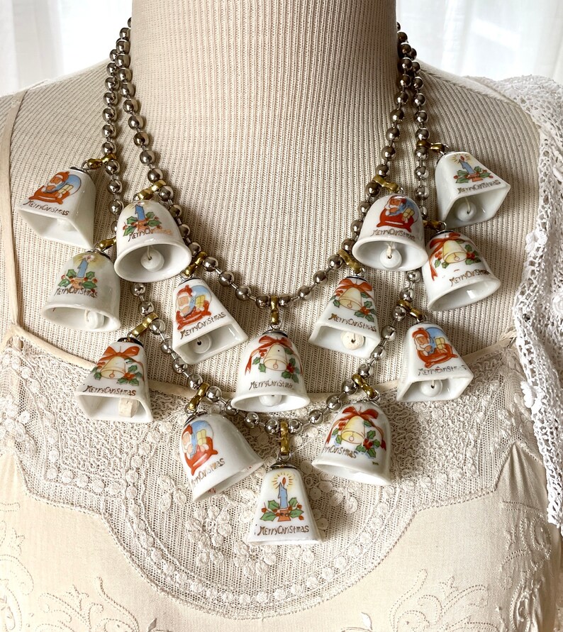 Vintage china bell Christmas ornament necklace tinkling sound jewelry Party statement assemblage ceramic tree decorations show stopper image 3
