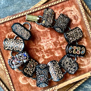 Victorian Black glass button bracelet rectangular incised gold hand painted jewelry Edwardian unusual rare