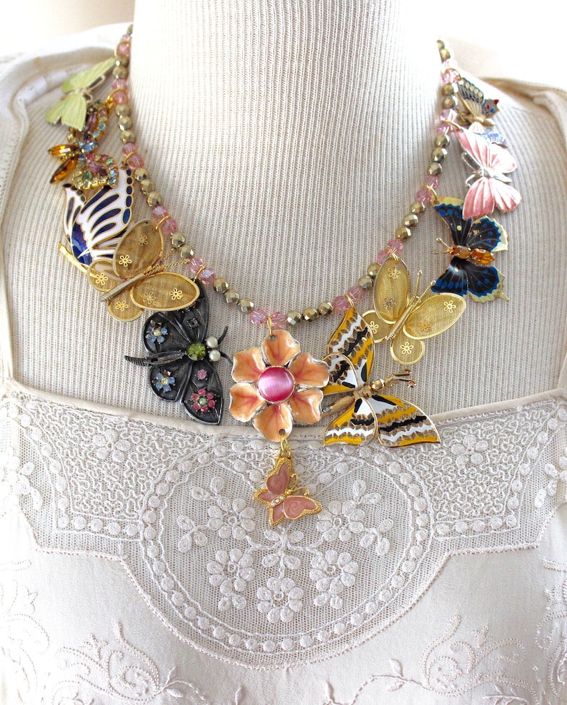 Garden Party Butterfly assemblage necklace vintage antique collage jewelry retro 1950/'s pins brooches springtime enamel rhinestone up cycled