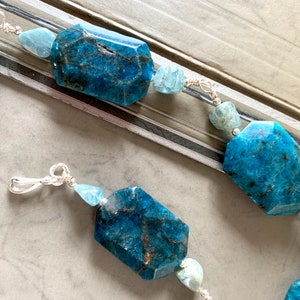 Natural blue apatite octagonal beads rhinestone brooch assemblage necklace jewelry wire wrapped connectors sparkling brilliant statement image 9