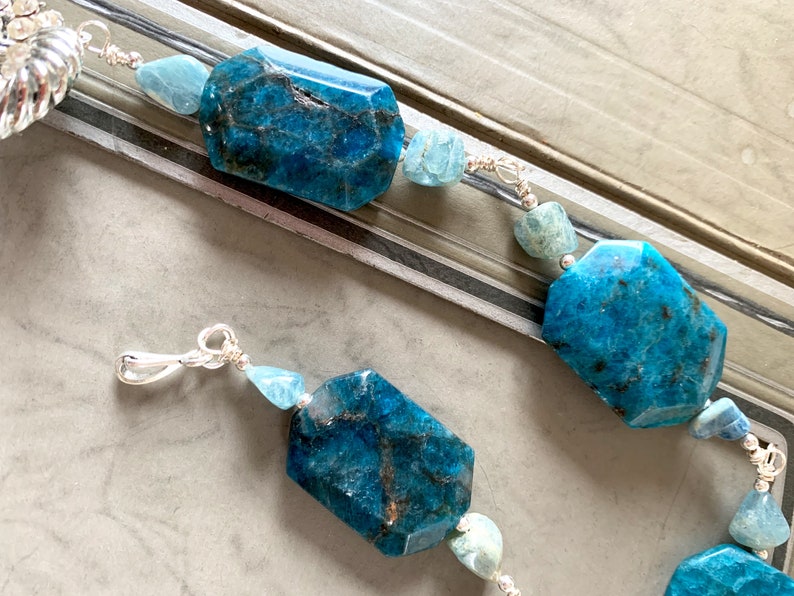 Natural blue apatite octagonal beads rhinestone brooch assemblage necklace jewelry wire wrapped connectors sparkling brilliant statement image 9