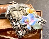 Chatelaine purse china roses tintype CDV assemblage necklace jewelry vintage antique pendant memento mori steampunk