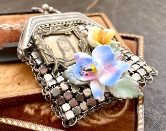 Chatelaine purse china roses tintype CDV assemblage necklace jewelry vintage antique pendant memento mori steampunk