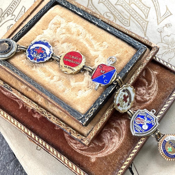 Merit Pin Bracelet Good Energy  life's good works lovely blues vintage service pins lapel assemblage victorian jewelry first aid choir harp