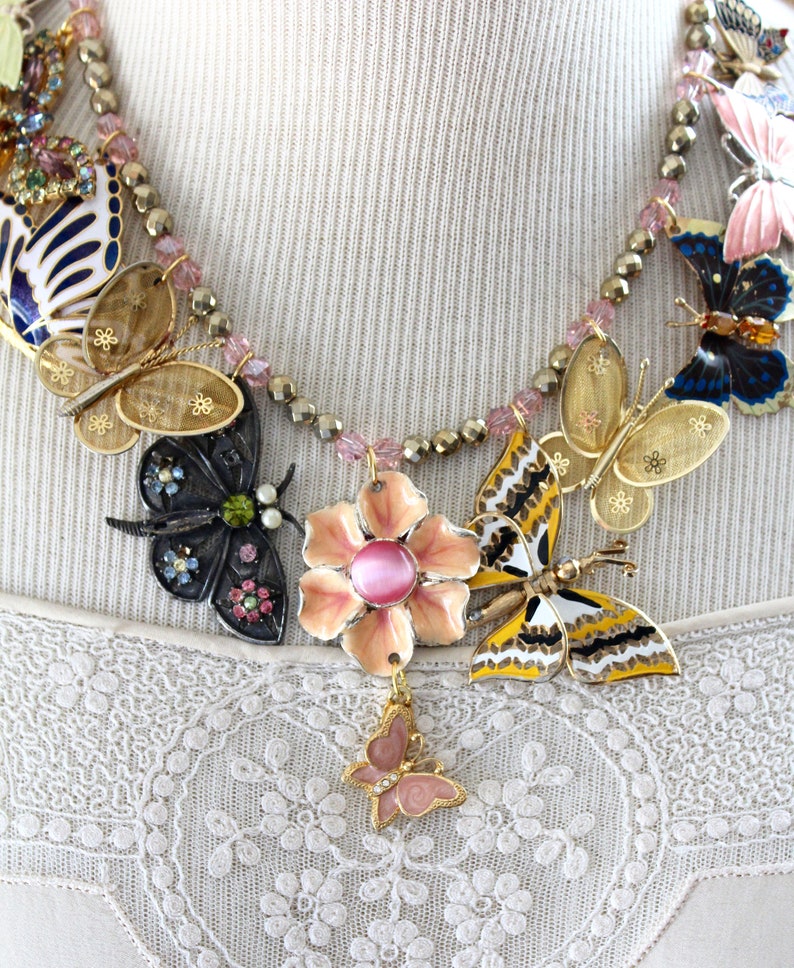 Garden Party Butterfly assemblage necklace vintage antique collage jewelry retro 1950/'s pins brooches springtime enamel rhinestone up cycled