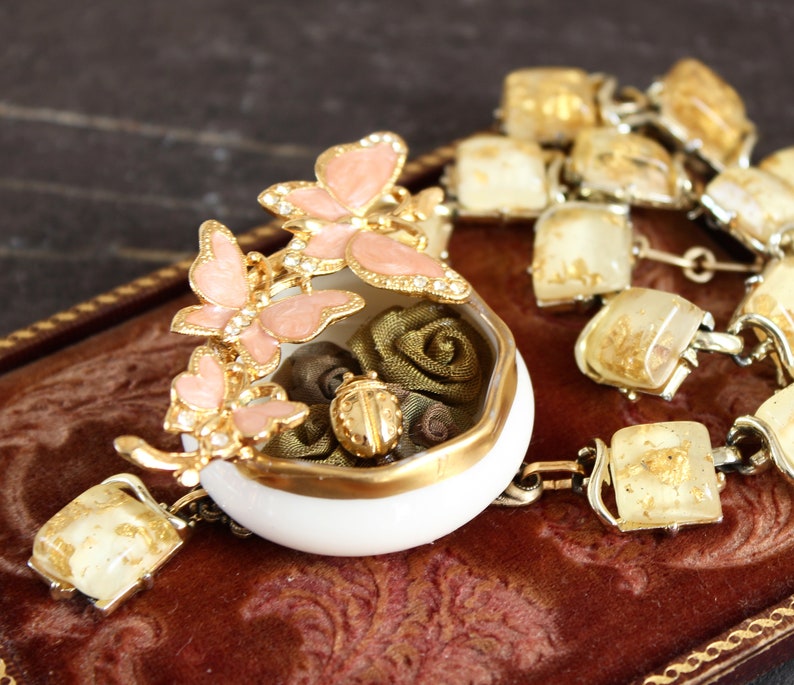 Butterfly ladybug assemblage necklace Coro lucite gold cream Belleek gold trim salt cellar dish pink jewelry vintage statement bridal MOB image 1