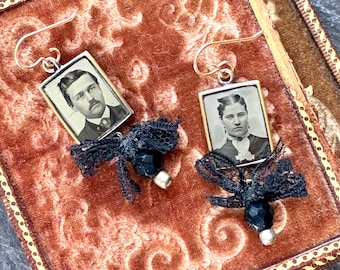Gem Tintype earrings "Made for each other" or siblings memento mori steampunk gothic goth antique victorian  assemblag jewelry vintage