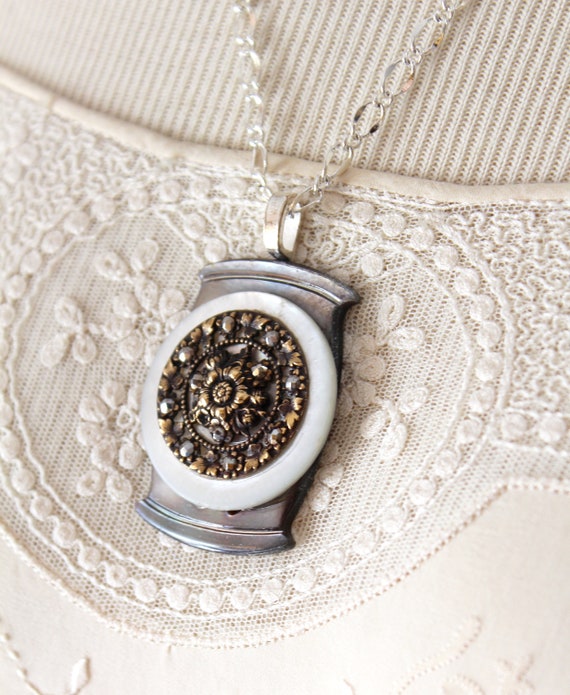 Large Pierced Brass Steel Cut Button Assemblage Necklace Mother of