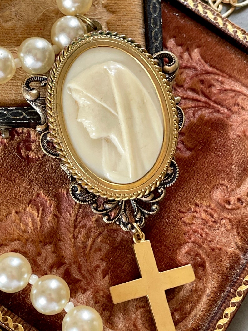 Cream and Matte Gold Our Lady of Lourdes Celluloid Brooch Necklace Mary ...