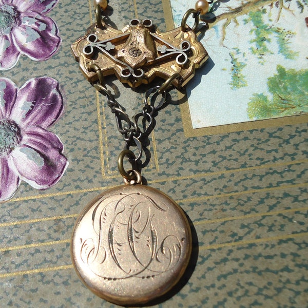 Assemblage Necklace, antique locket, victorian jewelry bits, antiqued rosary chain