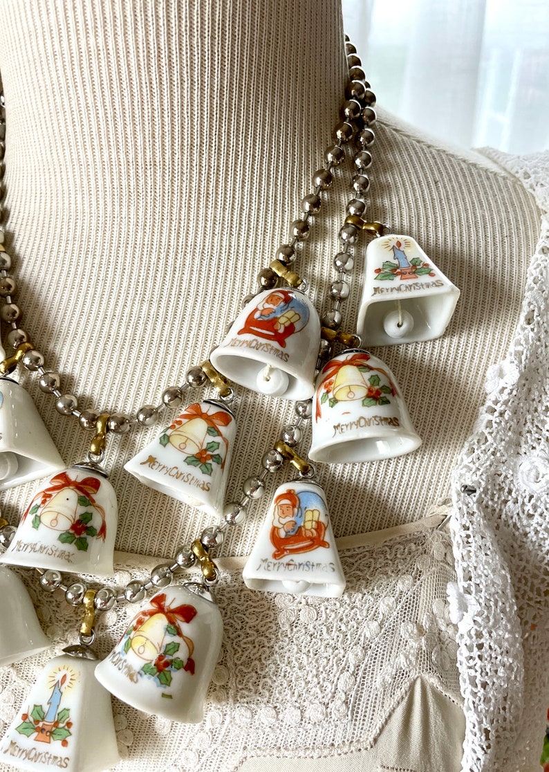 Vintage china bell Christmas ornament necklace tinkling sound jewelry Party statement assemblage ceramic tree decorations show stopper image 4