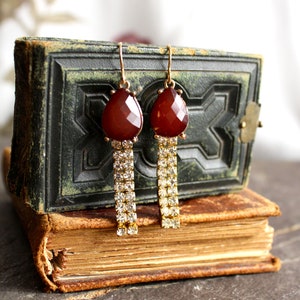 Vintage assemblage rhinestone earrings carnelian brick red converted jewelry updated upscaled repurposed elegant bling gold filled image 2