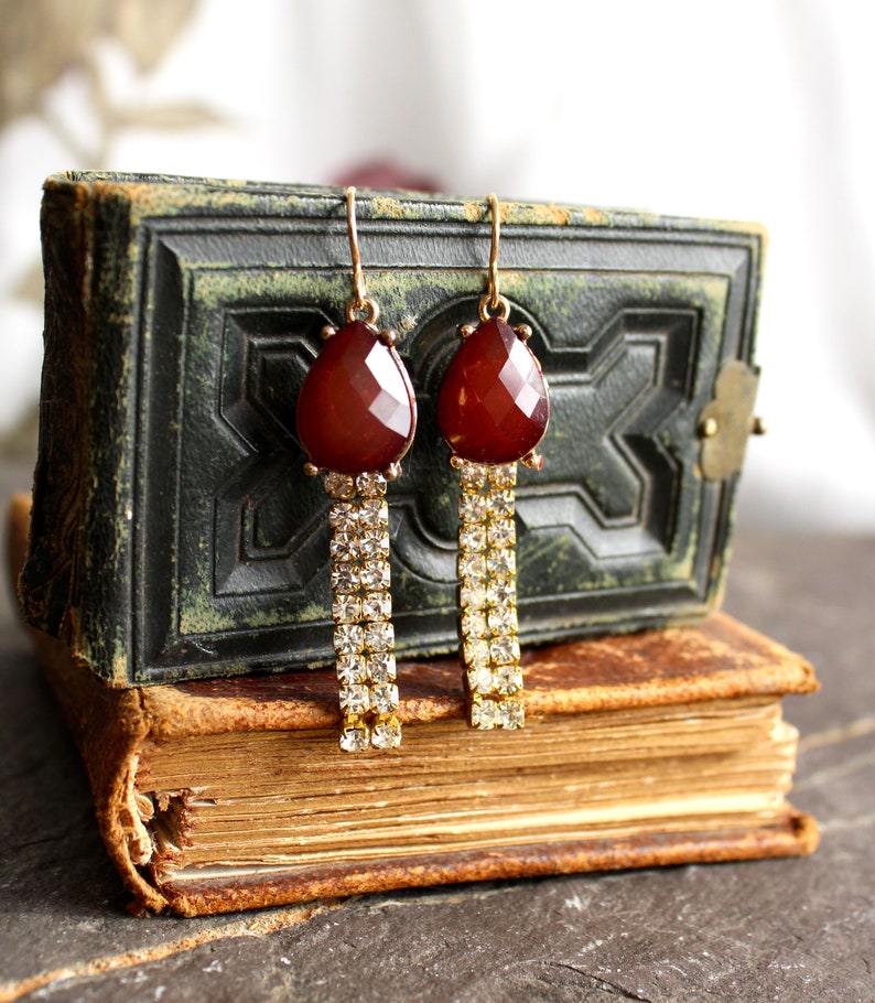 Vintage assemblage rhinestone earrings carnelian brick red converted jewelry updated upscaled repurposed elegant bling gold filled image 2