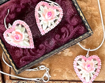 Vintage Japan celluloid charms earrings necklace set 1940's 50's hand painted jewelry rare antique Kawaii cottagecore hearts flowers cute