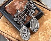 Devotional earrings Our Lady of Fatima Lourdes religious medal spiritual Catholic assemblage jewelry statement Mary Blessed apparition