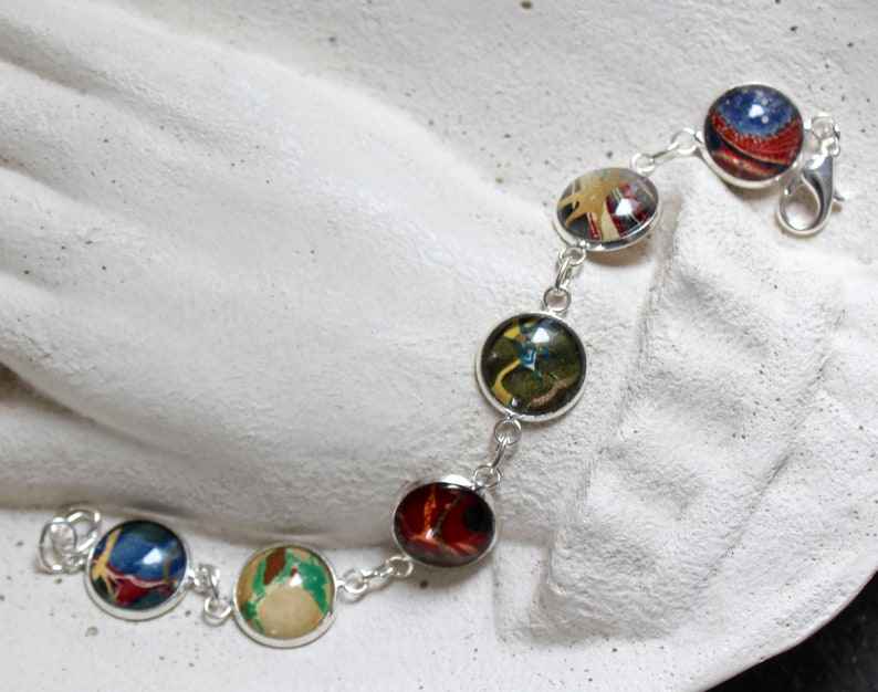 Book Lovers Bracelet marbled end papers Antique Book under glass vintage victorian assemblage jewelry up cycled recycled ephemera image 6
