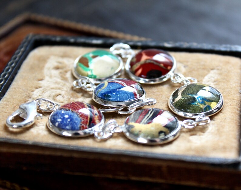 Book Lovers Bracelet marbled end papers Antique Book under glass vintage victorian assemblage jewelry up cycled recycled ephemera image 5