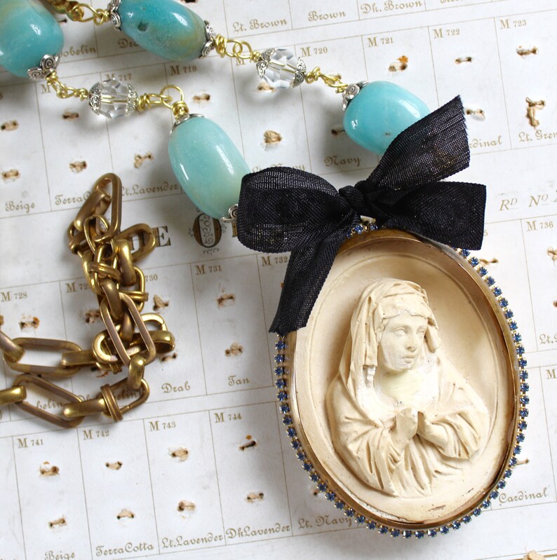 The Young Mother Meerschaum carved necklace blue aventurine Mary Madonna Our Lady devotional religious spiritual jewelry antique vintage image 1
