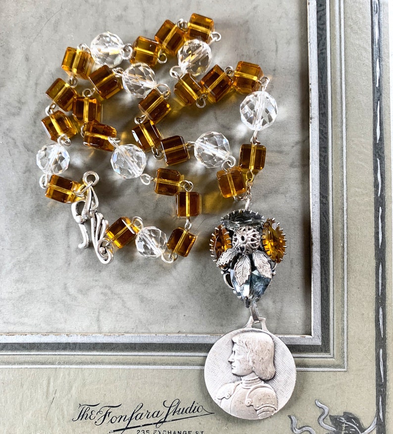 Joan of Arc Chinon medallion necklace topaz glass rosary shops jewelry assemblage catholic religious Jehanne Jeanne D'Arc devotional