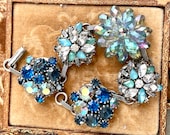 Vintage rhinestone button bracelet blues antique clear sharp color bright paste stones jewelry formal assemblage up cycled statement