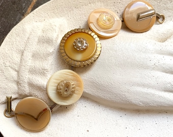 Czech glass Button Bracelet  Buttons warm tans beiges vintage antique jewelry silver gold highlights