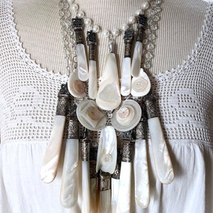 Luxurious Mother of Pearl handle necklace MOP manicure set antique vintage carved repoussé collets statement dinner multi strand buttons