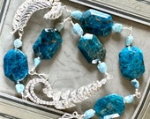 Natural blue apatite octagonal beads rhinestone brooch assemblage necklace jewelry wire wrapped connectors sparkling brilliant statement