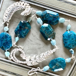 Natural blue apatite octagonal beads rhinestone brooch assemblage necklace jewelry wire wrapped connectors sparkling brilliant statement image 1