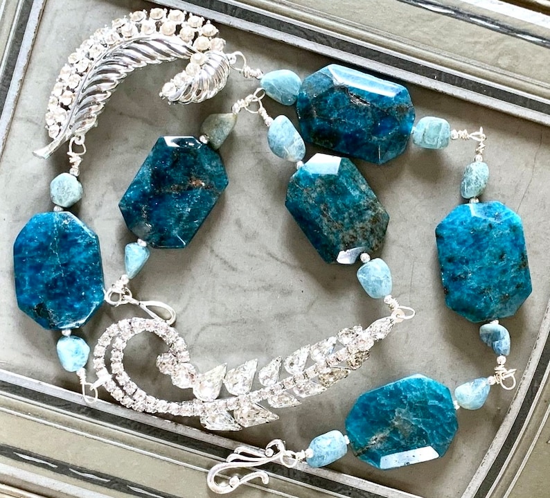 Natural blue apatite octagonal beads rhinestone brooch assemblage necklace jewelry wire wrapped connectors sparkling brilliant statement image 1