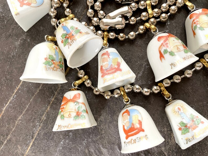 Vintage china bell Christmas ornament necklace tinkling sound jewelry Party statement assemblage ceramic tree decorations show stopper image 9