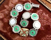 Antique green Cufflink Bracelet silver vintage bracelet mens jewelry celluloid mother pearl cuff links snap tite  Krementz enamel steampunk