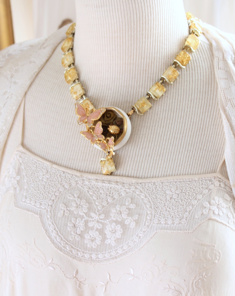 Butterfly ladybug assemblage necklace Coro lucite gold cream Belleek gold trim salt cellar dish pink jewelry vintage statement bridal MOB image 9