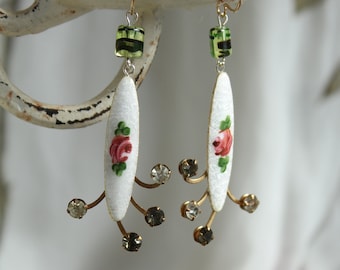 Hand painted roses enamel Rhinestone assemblage earrings, antique rhinestones, enamel roses, bling, wedding vintage jewelry rosettes