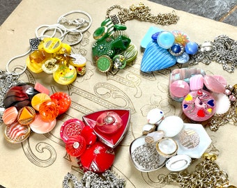 Vintage button collage pendants ROYGBIV rainbow pendants necklaces choose color bridesmaids gifts antique assemblage glass gold highlights