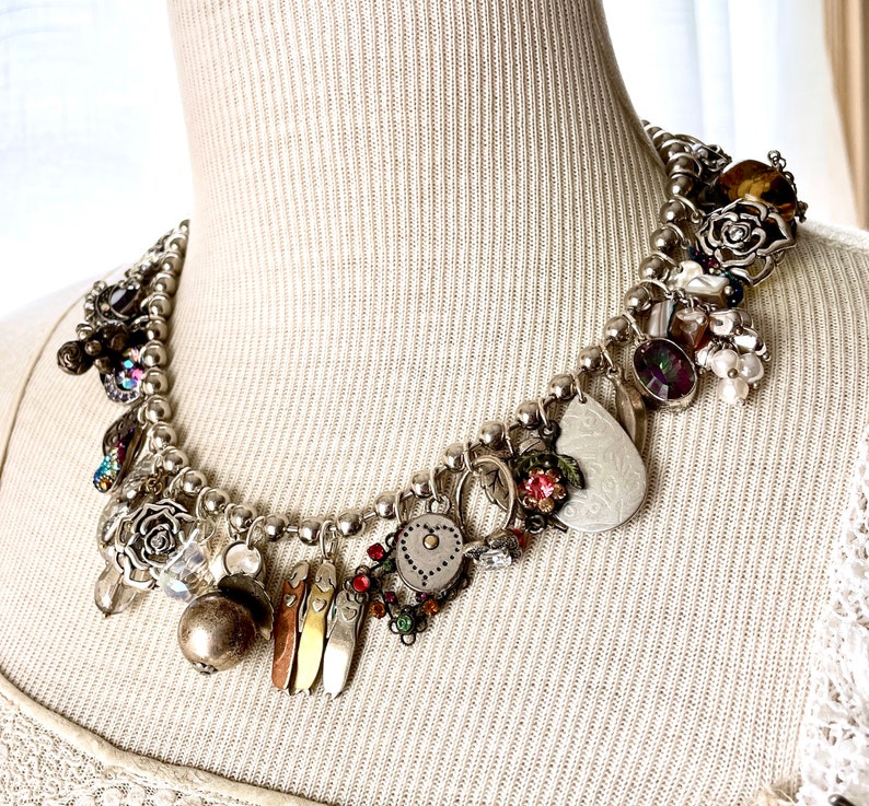 Stunning vintage assemblage collected and curated jewelry components loaded statement choker adjustable length rich curious memorabilia image 2