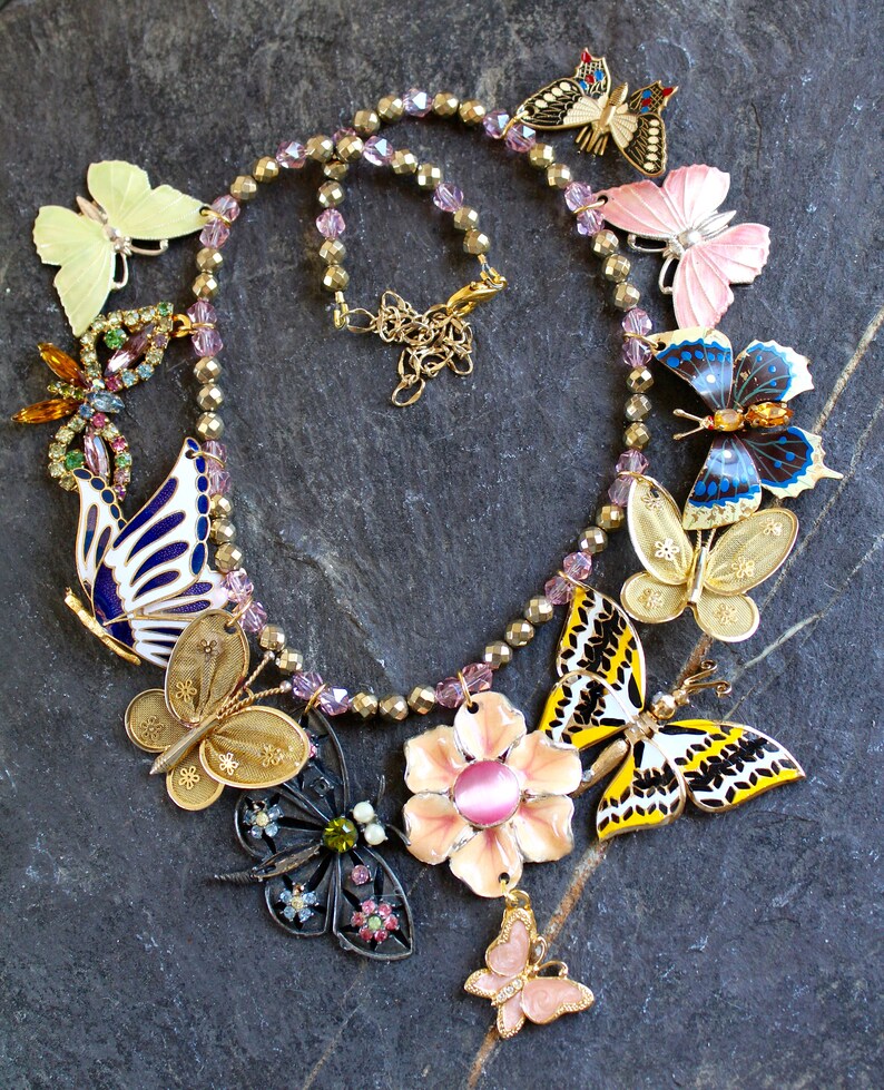 Garden Party Butterfly assemblage necklace vintage antique collage jewelry retro 1950/'s pins brooches springtime enamel rhinestone up cycled