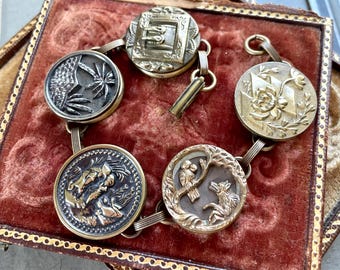 Antique Button Bracelet Victorian metal picture old  buttons repurposed 1800&#39;s vintage jewelry buckle walls Jericho bird wolf fairy tale