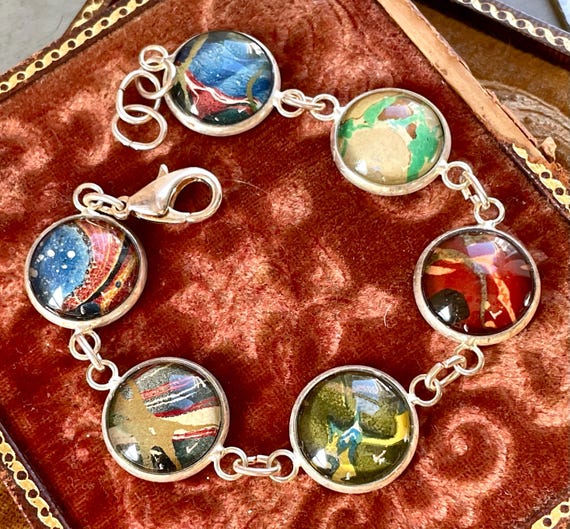 Book Lovers Bracelet marbled end papers Antique Book under glass vintage victorian assemblage jewelry up cycled recycled ephemera