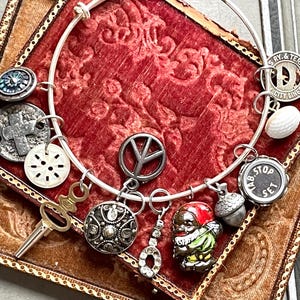 Curiosity bangle antique buttons adjustable charm bracelet vintage trinkets oldnouveau silver victorian, jewelry, repurposed recycled