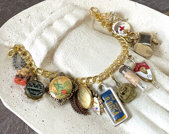 Loaded Vintage Antique charm filled bracelet buttons assemblage statement victorian jewelry steampunk parts key Buddha forget me not tintype