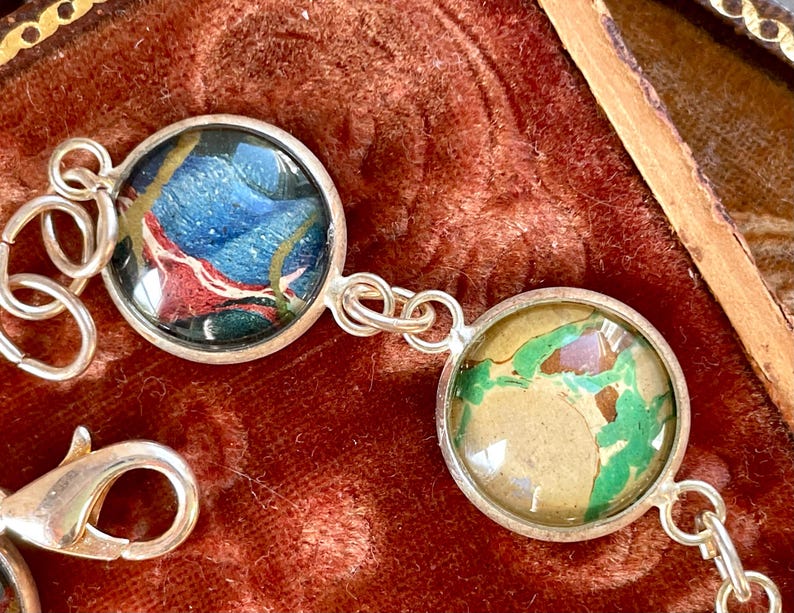 Book Lovers Bracelet marbled end papers Antique Book under glass vintage victorian assemblage jewelry up cycled recycled ephemera image 4