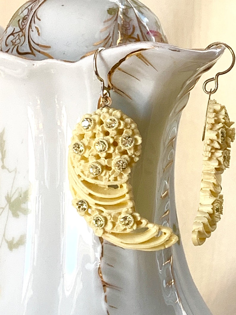 Antique pale lemon yellow Celluloid assemblage earrings rhinestones lightweight statement oldnouveau earrings vintage jewelry image 2