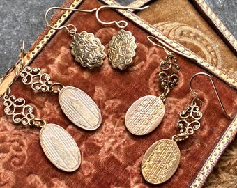 YOUR CHOICE! Antique cufflink earrings gold tone engraved ovals vintage assemblage lightweight jewelry vintage gold filled ear wire