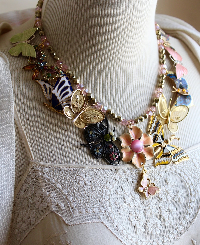 Garden Party Butterfly assemblage necklace vintage antique collage jewelry retro 1950/'s pins brooches springtime enamel rhinestone up cycled