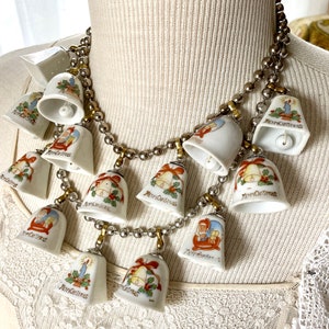 Vintage china bell Christmas ornament necklace tinkling sound jewelry Party statement assemblage ceramic tree decorations show stopper image 1