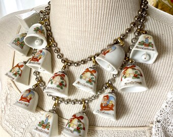 Vintage china bell Christmas ornament necklace tinkling sound jewelry Party statement assemblage ceramic tree decorations show stopper