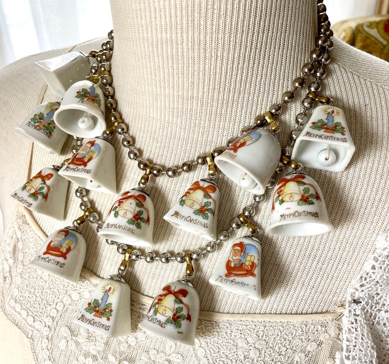 Vintage china bell Christmas ornament necklace tinkling sound jewelry Party statement assemblage ceramic tree decorations show stopper image 1