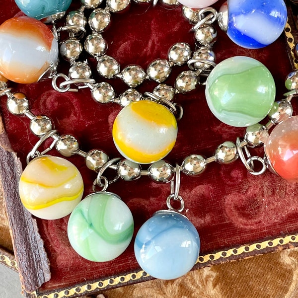 Marbles vintage assemblage necklace jewelry glass jewelry opaque and swirls choker statement collector color wheel ROYGBIV collection