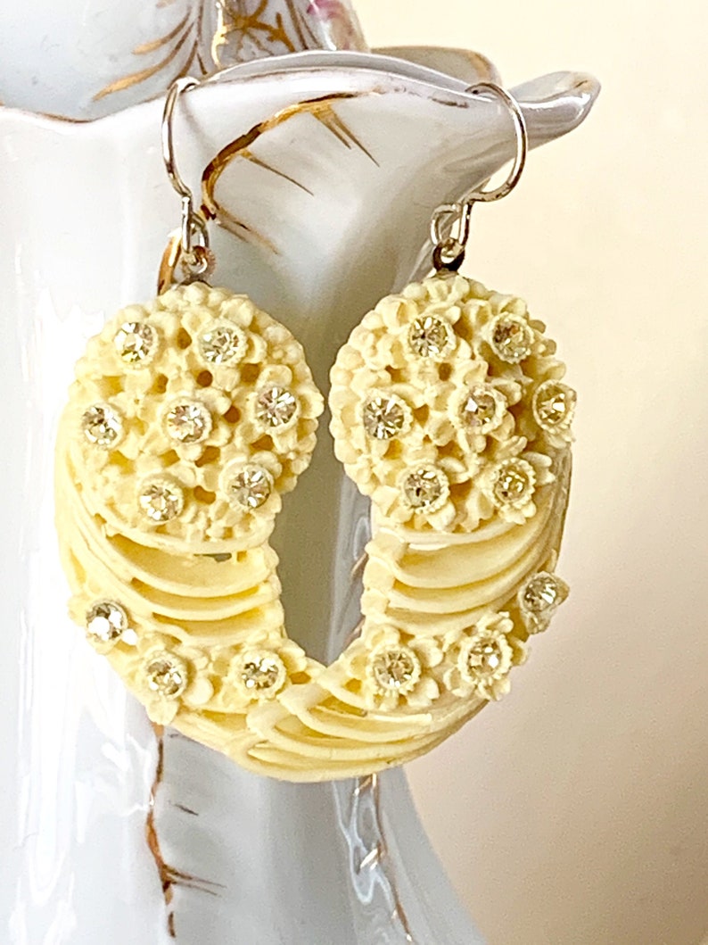 Antique pale lemon yellow Celluloid assemblage earrings rhinestones lightweight statement oldnouveau earrings vintage jewelry image 1